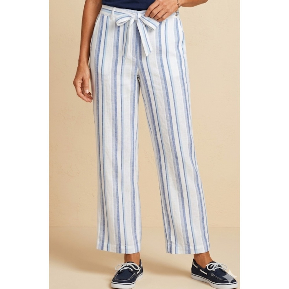 Talbots Pants Womens 12 Blue White Striped 100% Linen Tie Belt Pockets Summer